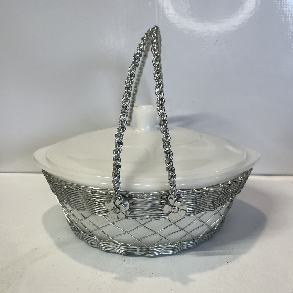 Glasbake White Milk Glass‎ Covered Casserole Dish Metal Carry Basket USA Japan